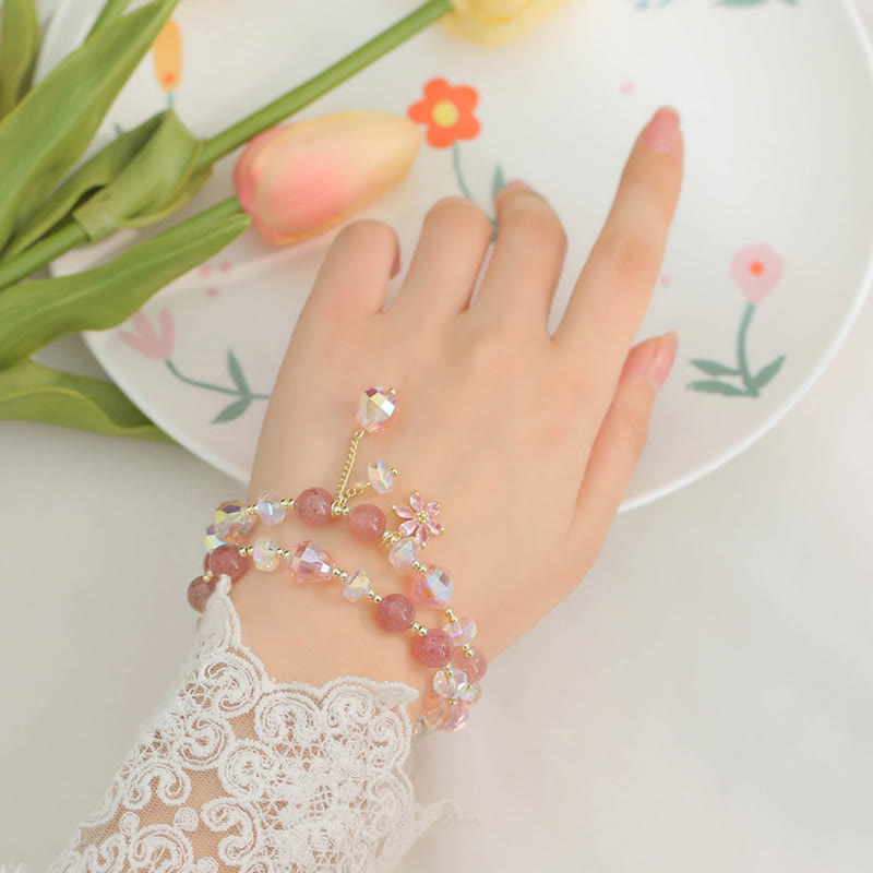 Pulsera curativa de doble vuelta con piedras de Buda, cuarzo fresa y flor de circón
