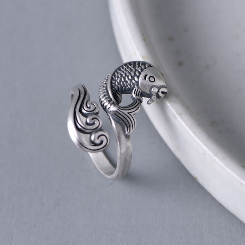 Anillo de plata de ley 925 con piedras de Buda y pez koi, con ondas de agua, para la suerte y la riqueza.