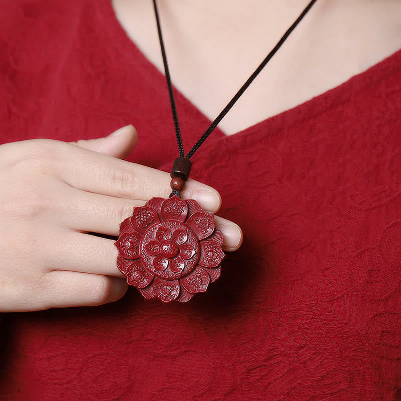Collar con colgante de cuerda con piedras de Buda, cinabrio natural, loto, bendición Om Mani Padme Hum
