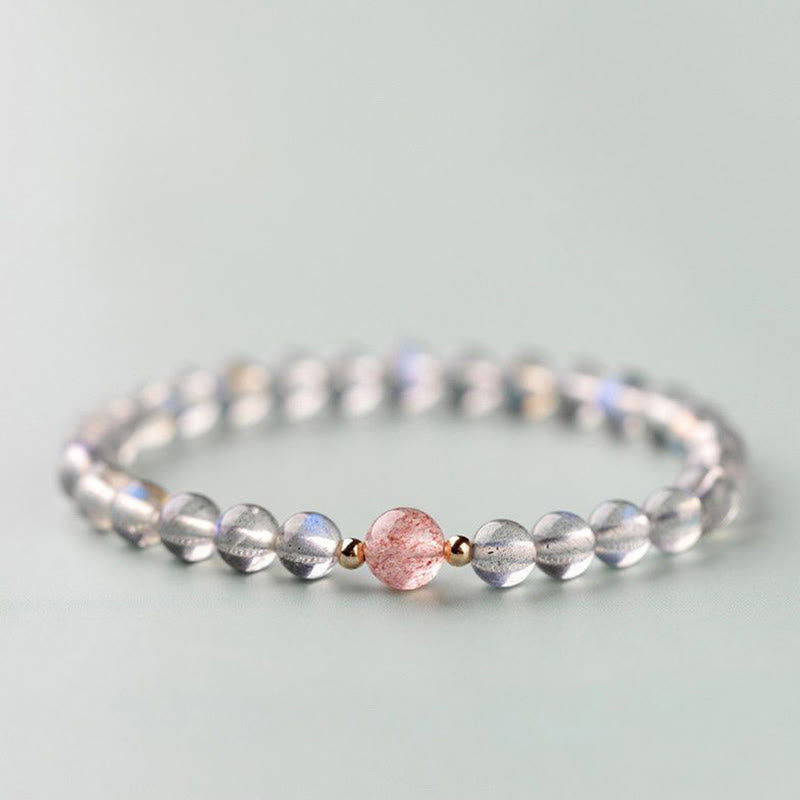 Pulsera de piedras de Buda con piedra lunar, cristal rosa y cinabrio, con propiedades curativas positivas