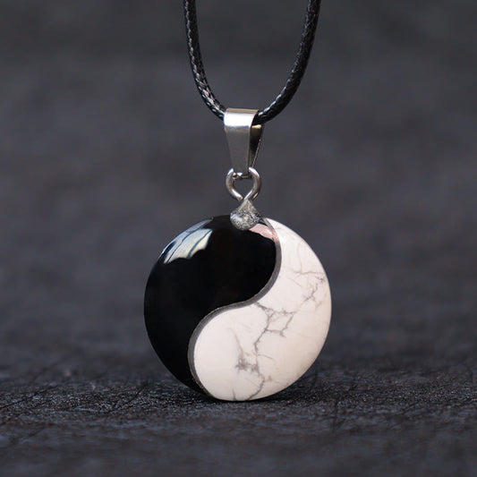 Collar con colgante de cuerda de transformación Yin Yang con obsidiana negra natural y turquesa blanca y piedras de Buda