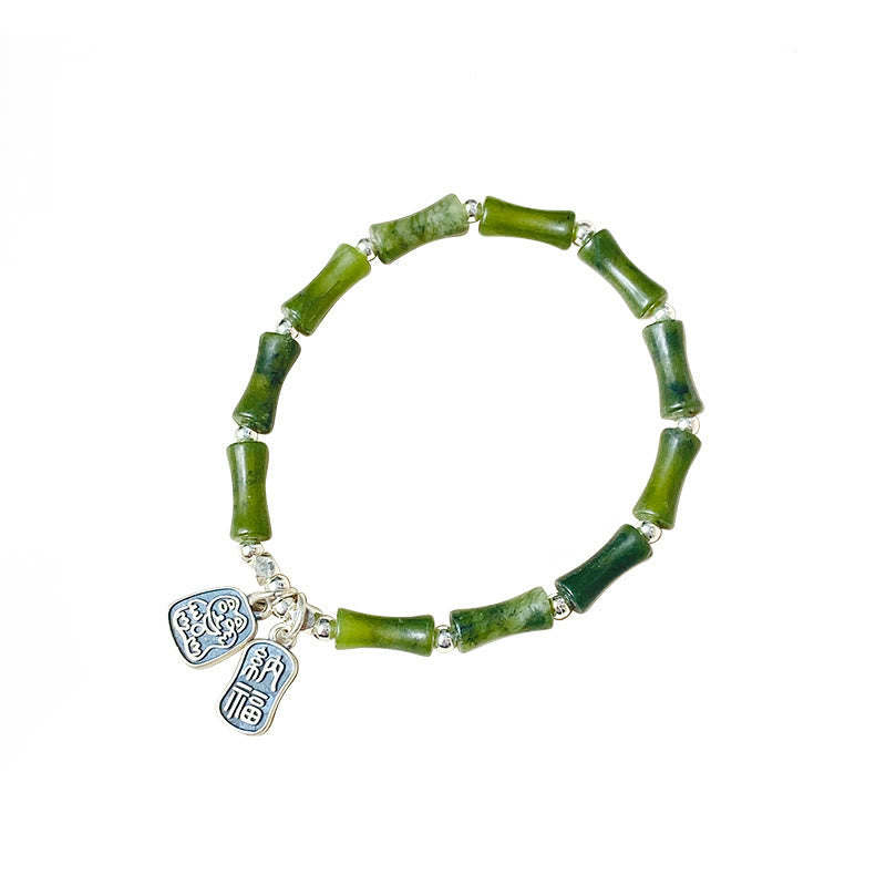 Pulsera de plata de ley 925 con piedras de Buda, jade de bambú y gato de la suerte con el símbolo Fu.