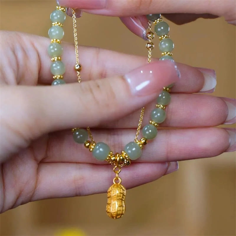 Pulsera de cuentas con piedras de Buda, hojas de jade, ginkgo, tulipán, cacahuete y carácter Fu, con la suerte