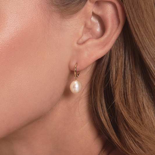 Gold Round Pearl Drop Huggie Hoop Earrings