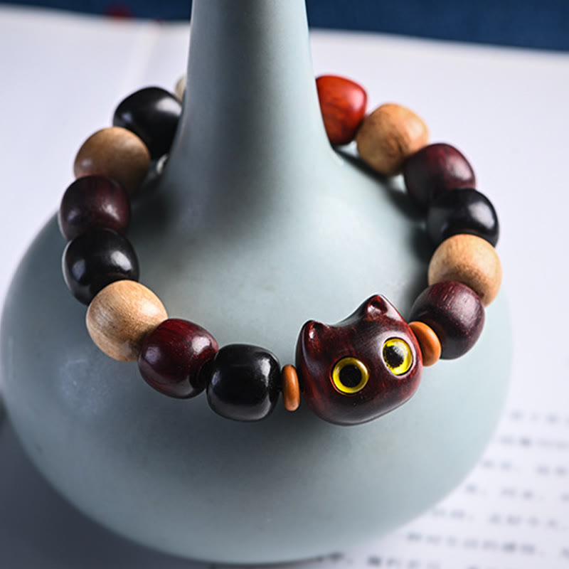 Pulsera de protección con piedras de Buda, hoja pequeña, sándalo rojo, madera de ébano y gato grabado