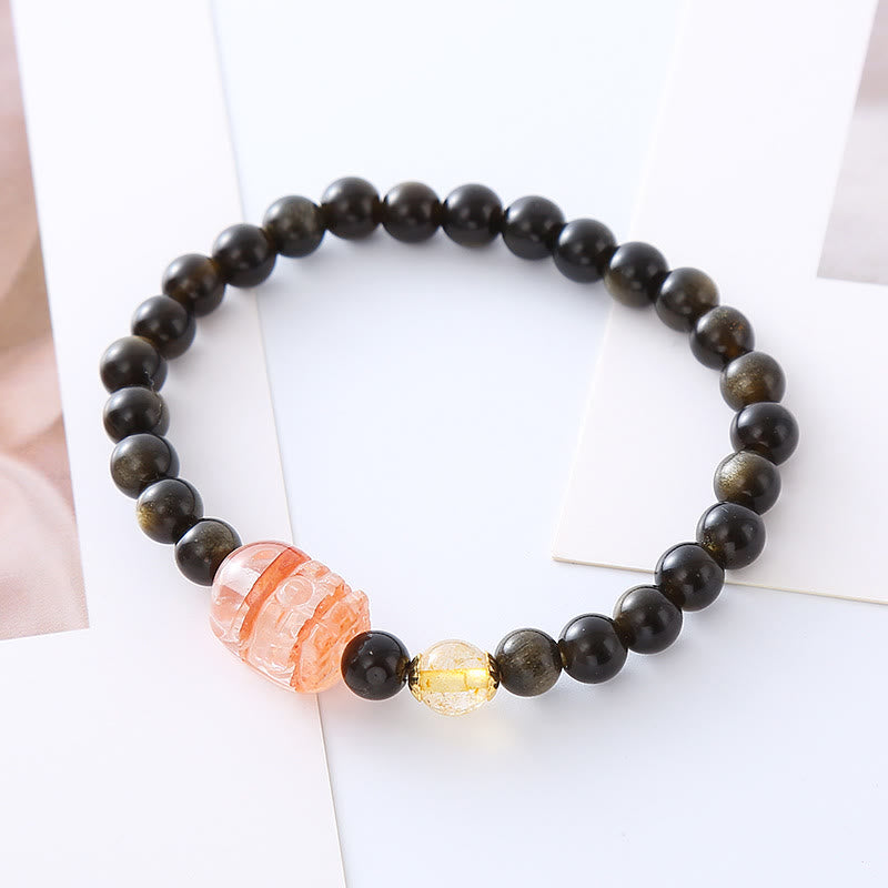 Pulsera PiXiu de obsidiana con brillo dorado natural y piedras de Buda para protección de la riqueza