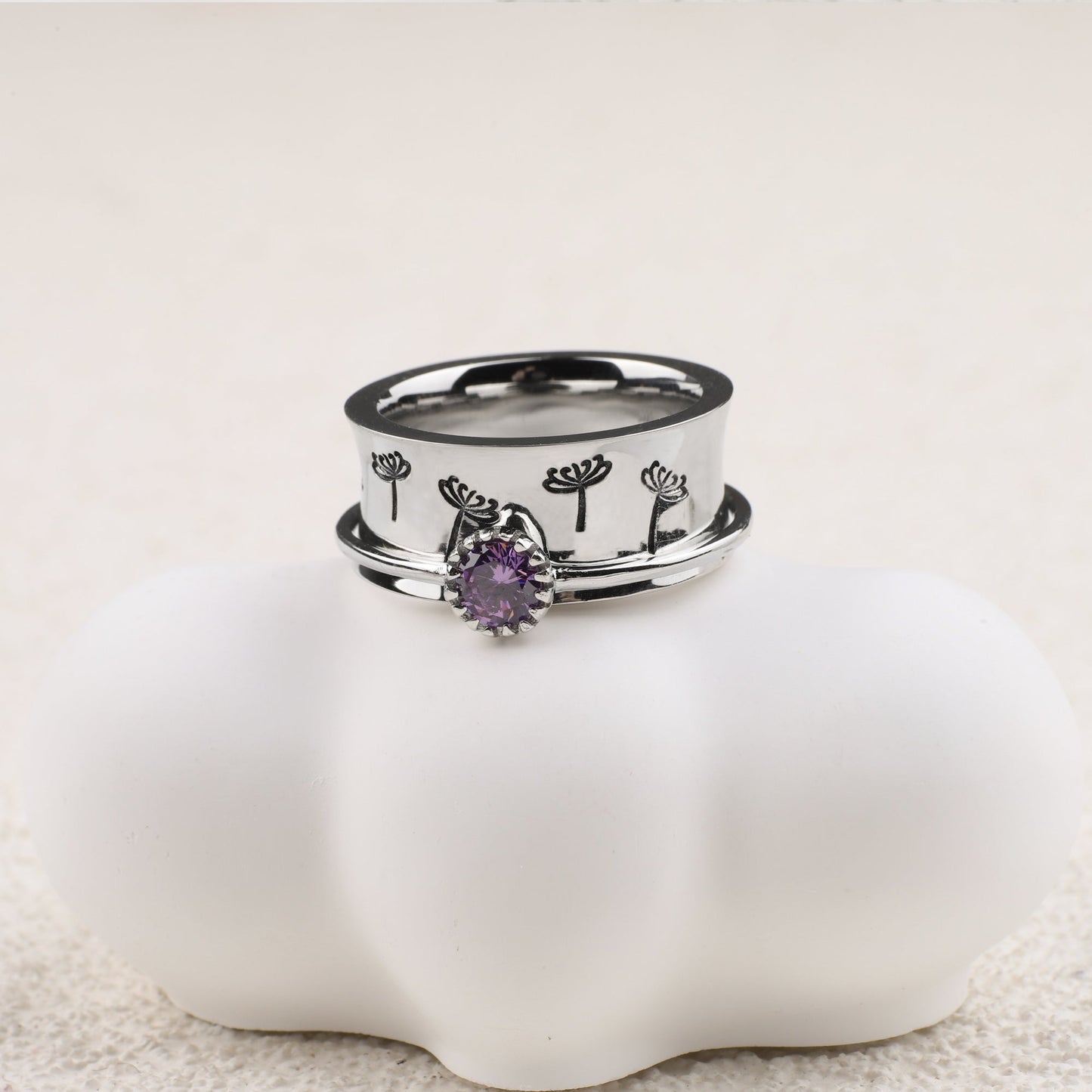 Silver Dandelion Birthstone Spinning Fidget Ring