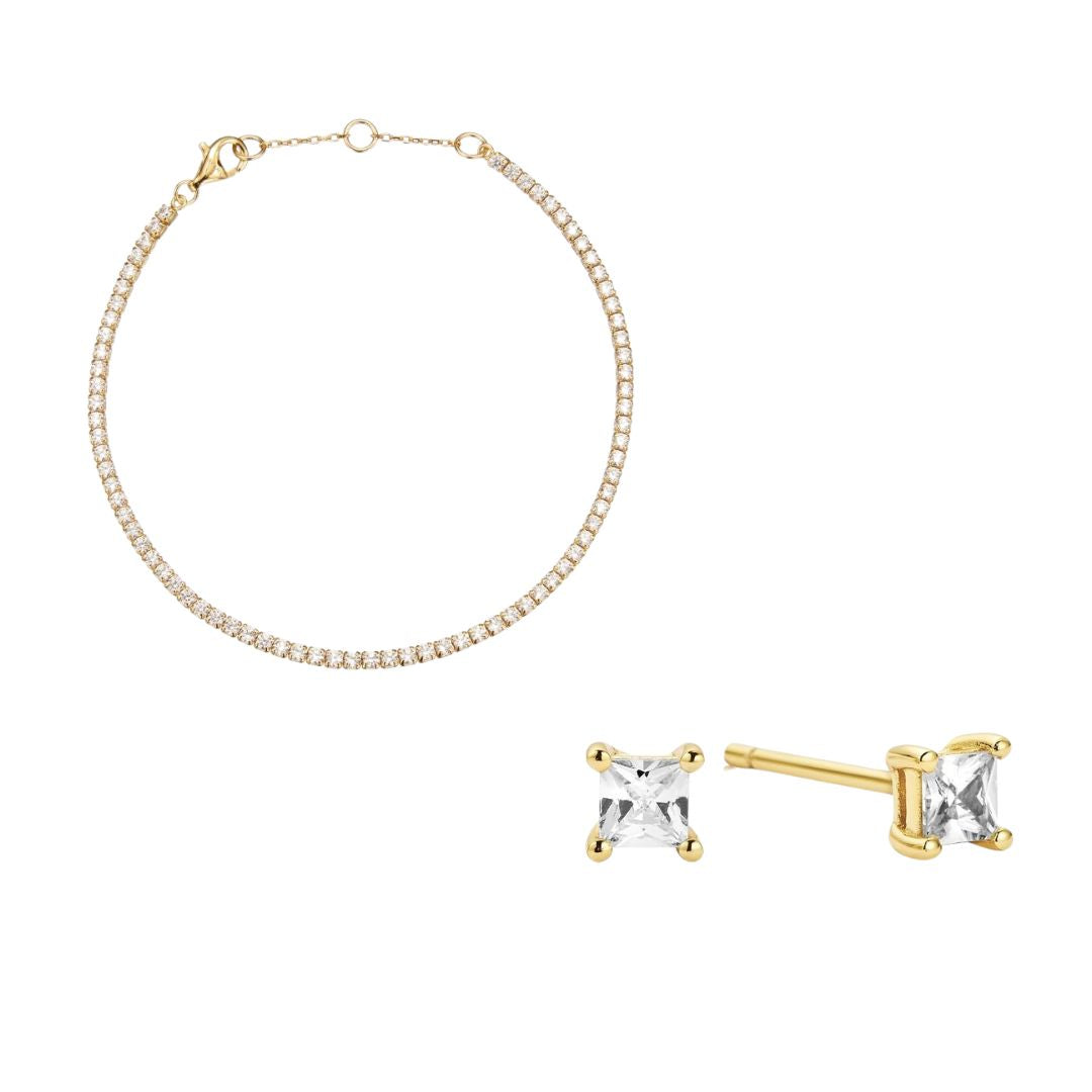 Goldenes Tennisarmband und Ohrstecker im Princess-Diamant-Stil