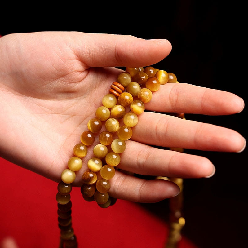 Buddha Stones 108 Mala-Perlen, natürliches Tigerauge, Kupfer, Dorje-Schutz, Quastenarmband