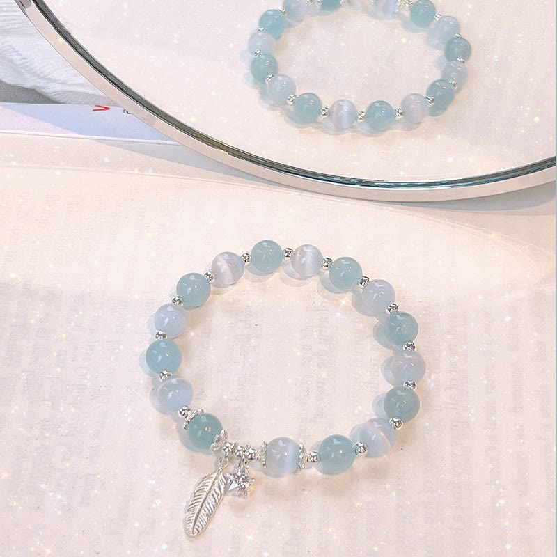 Buddha Stones 925 Sterling Silber Aquamarin Katzenauge Heilfeder Stern Charm Armband