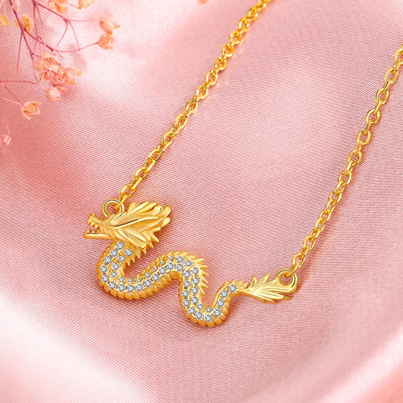 Collar con colgante de cadena de la suerte con piedras de Buda en plata de ley 925, con el Año del Dragón, un dragón dorado auspicioso.