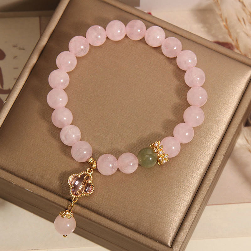 Pulsera relajante de trébol de cuatro hojas de cristal rosa natural de Buddha Stones