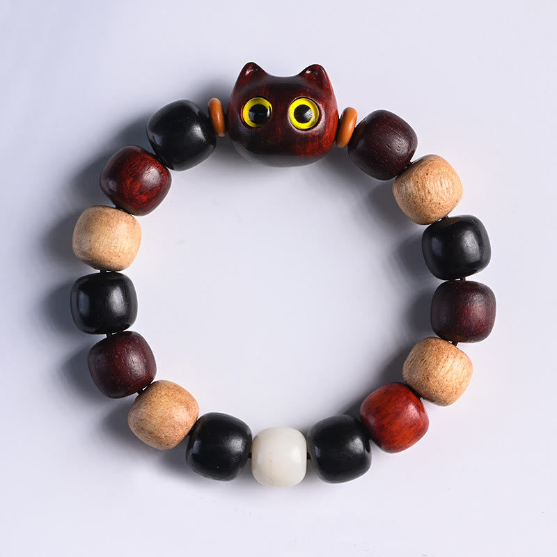 Pulsera de protección con piedras de Buda, hoja pequeña, sándalo rojo, madera de ébano y gato grabado