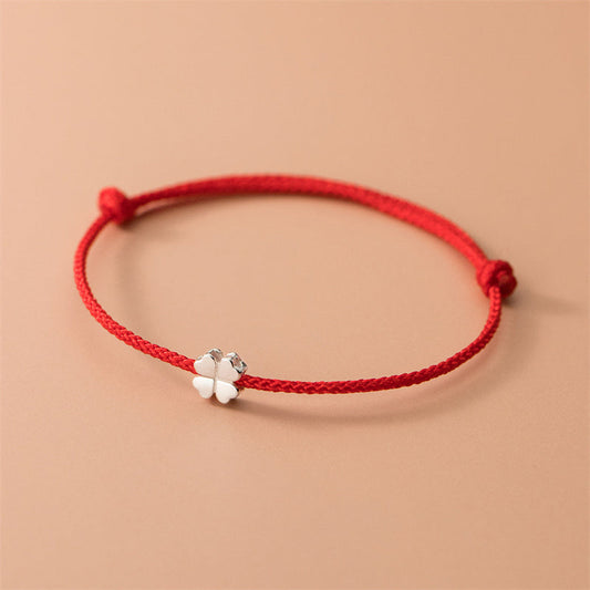 Pulsera de cuerda roja con trébol de cuatro hojas de plata de ley 925 de Buddha Stones