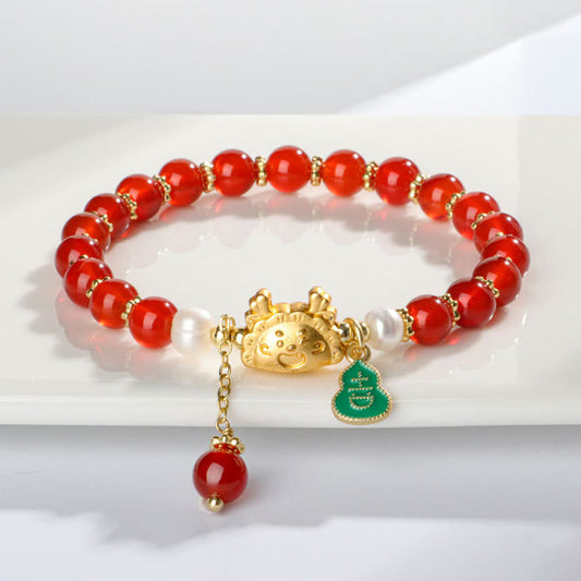 Pulsera con el símbolo de la suerte Fu, piedras de Buda, ágata roja natural, cristal rosa, ónix negro y bola de masa hervida, Año del Dragón