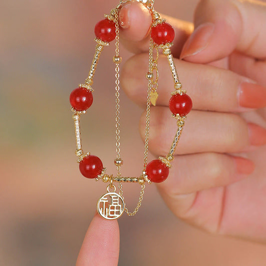 Pulsera de autoaceptación con dije de personaje Fu de ágata roja y piedras de Buda