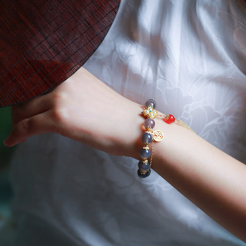 Pulsera de equilibrio con borlas de perla y ágata gris natural de Buda