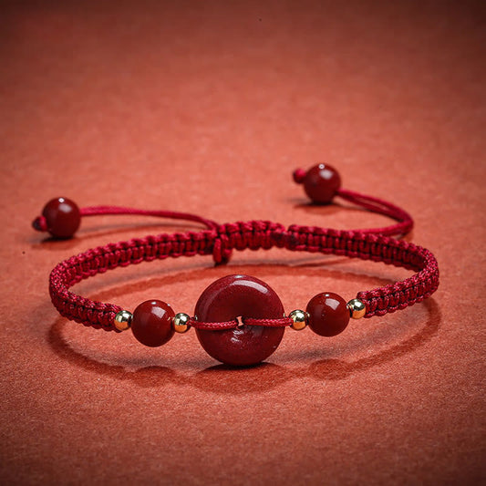 Pulsera de hilo con bendición y hebilla de paz de cinabrio natural de piedras de Buda