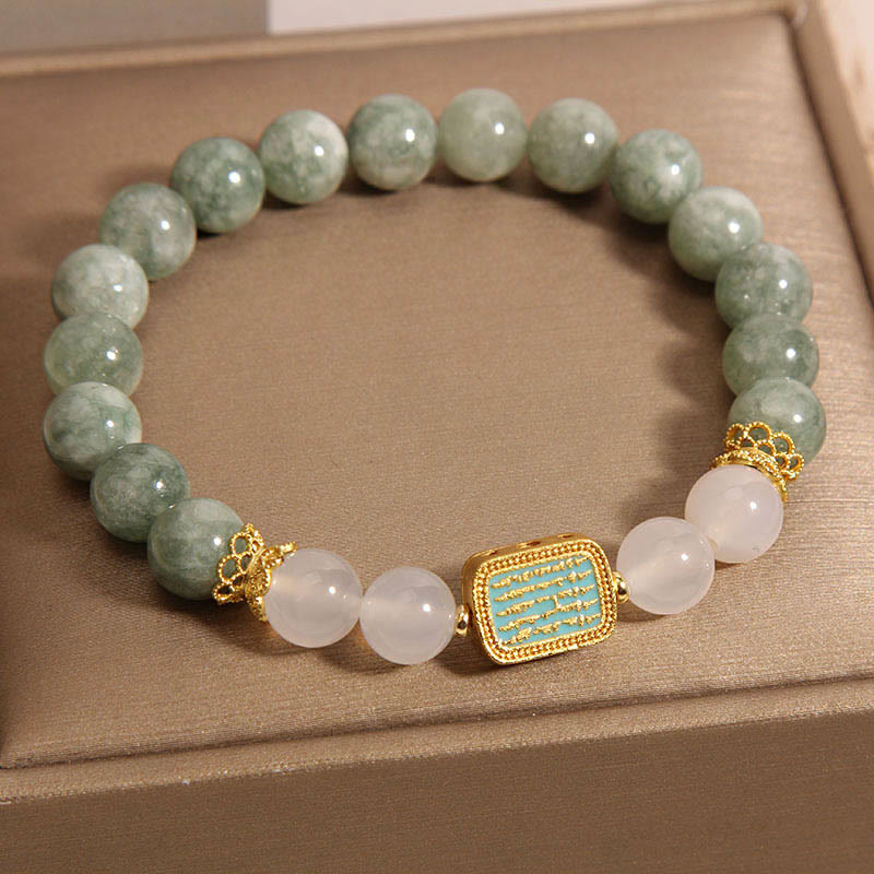 Pulsera de la abundancia de las Cinco Escrituras con piedras de Buda, jade verde natural y ágata blanca