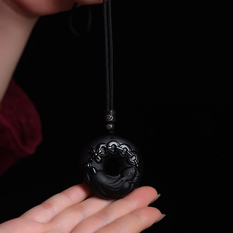 Collar con colgante de obsidiana negra natural con piedras de Buda y hebilla de fuerza del zodiaco chino