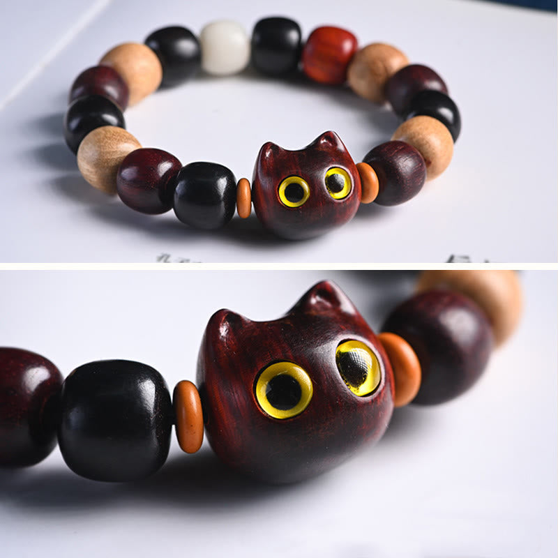 Pulsera de protección con piedras de Buda, hoja pequeña, sándalo rojo, madera de ébano y gato grabado