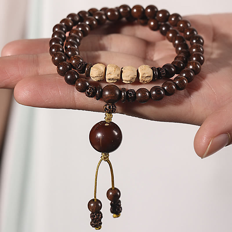 Pulsera de doble vuelta con semillas de Bodhi y sándalo rojo de hoja pequeña con piedras de Buda y sándalo