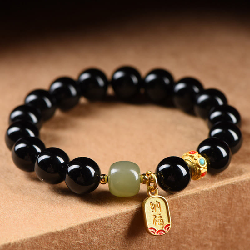 Pulsera de amuleto de la suerte con cuentas de jade hetiano de ónix negro y piedras de Buda