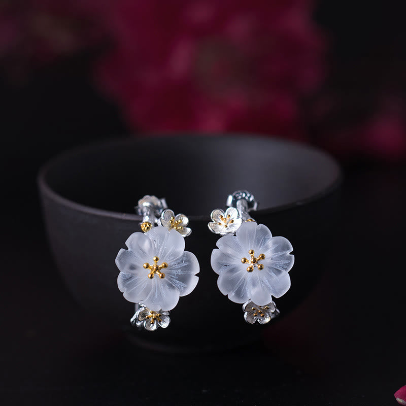 Pendientes de plata de ley 925 con piedras de Buda y flores de ciruelo bendecidas