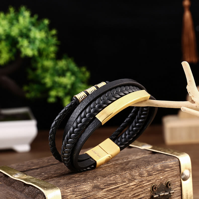 Pulsera trenzada multicapa de cuero y acero de titanio con hebilla magnética y piedras de Buda