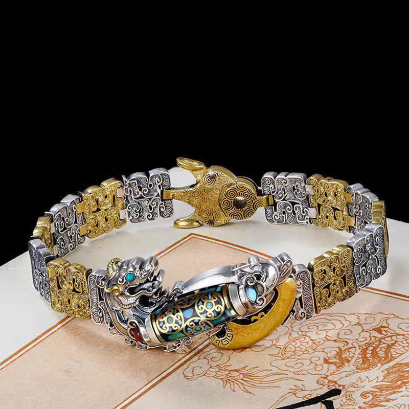 Pulsera de la riqueza con cuentas Dzi tibetanas de nueve ojos y monedas de cobre y turquesa PiXiu
