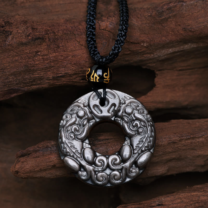 Collar con colgante de obsidiana con doble PiXiu, moneda de cobre, hebilla de paz y protección, con piedras de Buda y brillo de plata natural