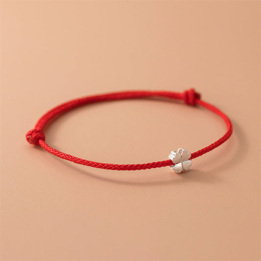 Pulsera de cuerda roja con trébol de cuatro hojas de plata de ley 925 de Buddha Stones