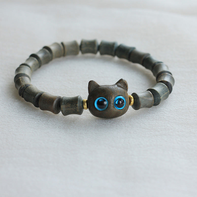 Pulsera de la paz con piedras de Buda, madera de ébano y sándalo verde, con un bonito gato