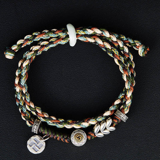 Pulsera de la suerte hecha a mano con piedras de Buda en plata de ley 925 con esvástica y diseño de trigo