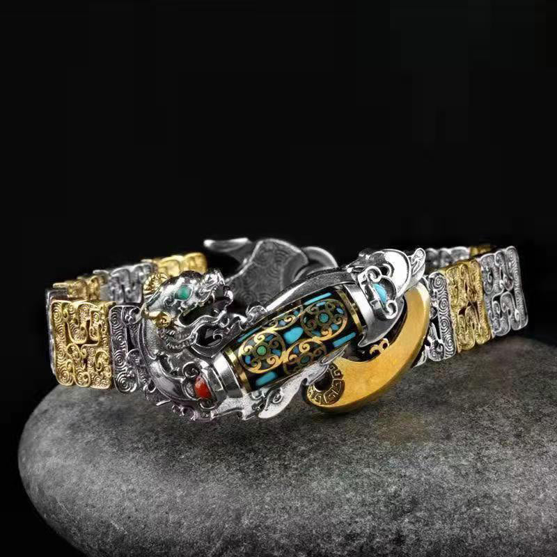 Pulsera de la riqueza con cuentas Dzi tibetanas de nueve ojos y monedas de cobre y turquesa PiXiu