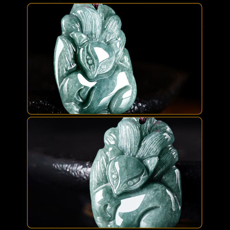 Colgante de prosperidad con zorro de nueve colas grabado en jade verde natural y piedras de Buda