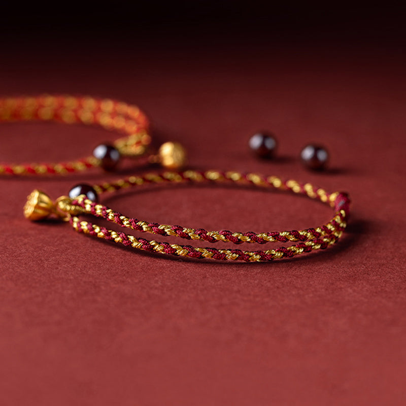 Pulsera trenzada con dije de paz y alegría de loto, hecha a mano con piedras de Buda y cuerda de oro rojo