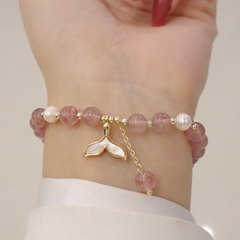 Pulsera curativa con dije de Buda, cuarzo fresa, perla, alce, cara sonriente, cola de pez, personaje Fu