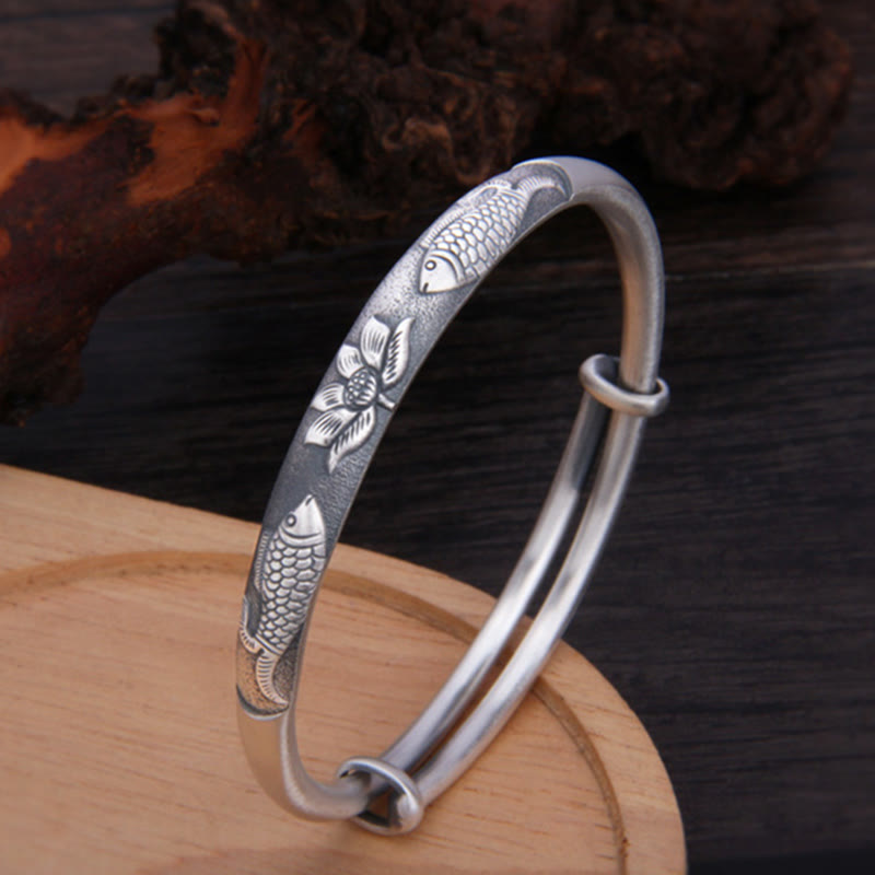 Buddha Stones 999 Sterling Silber Koi Fisch Lotus Reichtum Glück Armband Armreif