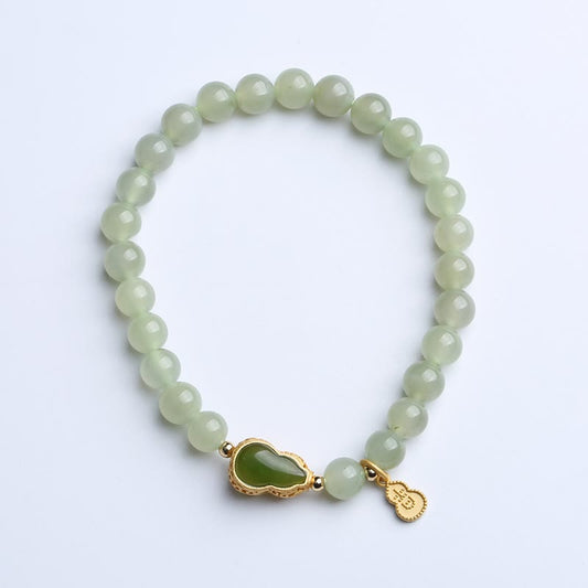 Pulsera de la suerte con piedras de Buda, plata de ley 925 bañada en oro, cuentas de jade hetiano natural, calabaza, loto, bambú y carácter Fu.