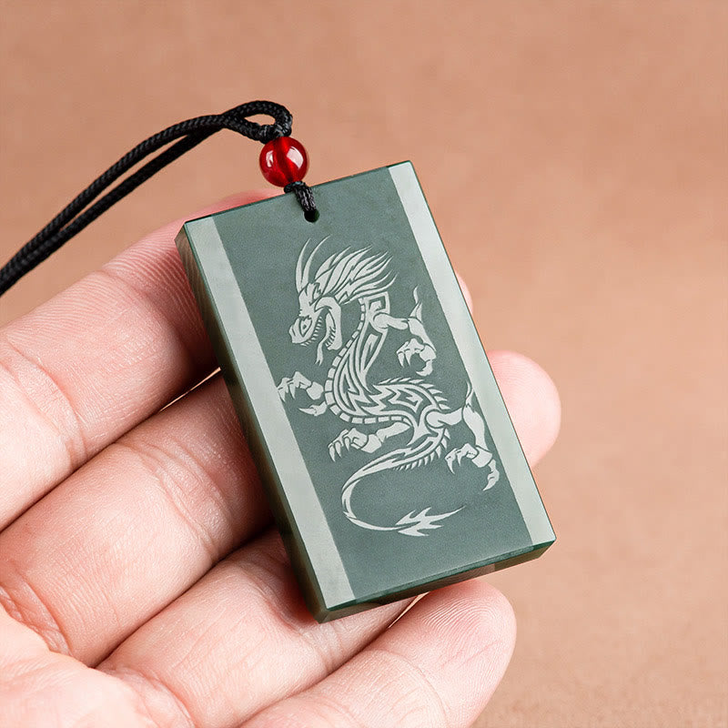 Buddha Stones Hetian Cyan Jade Drachen graviert Erfolg Halskette Anhänger