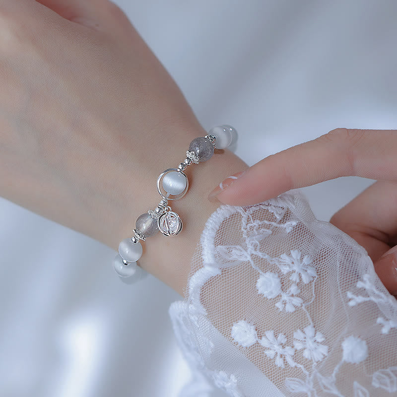 Pulsera con abalorios de bola con carácter Fu de piedra lunar y ojo de gato de Buda