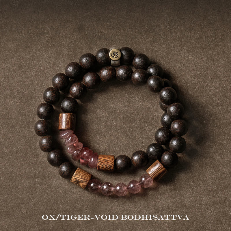 Pulsera de doble vuelta con piedras de Buda en plata de ley 925, con el zodíaco chino, Buda natal, madera de agar y cuarzo fresa.