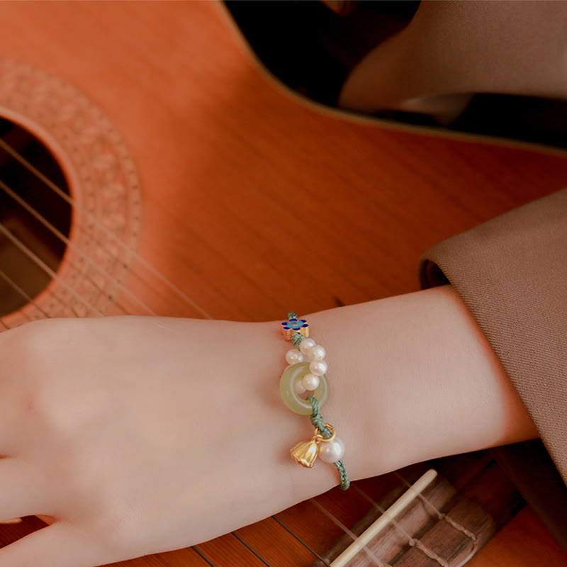 Buddha Stones Natürliche Hetian Jade Peace Buckle Pearl Luck Handgefertigtes geflochtenes Armband