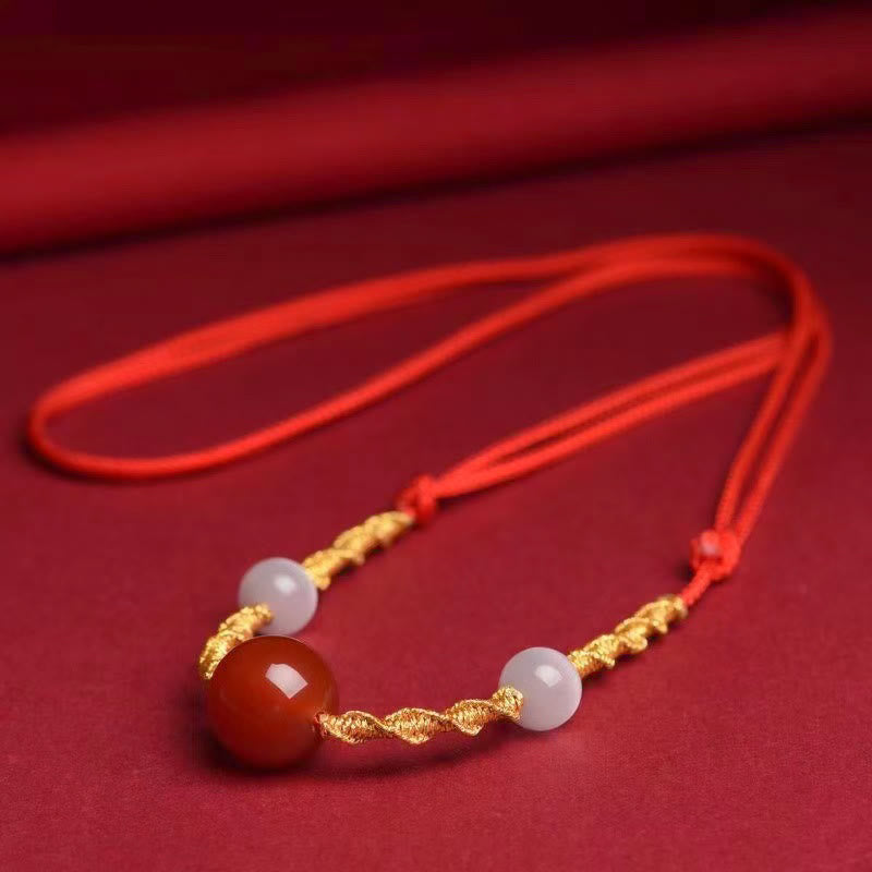 Buddha Stones Natürlicher roter Achat Katzenauge Ruhiges geflochtenes Armband mit Halskette und Anhänger