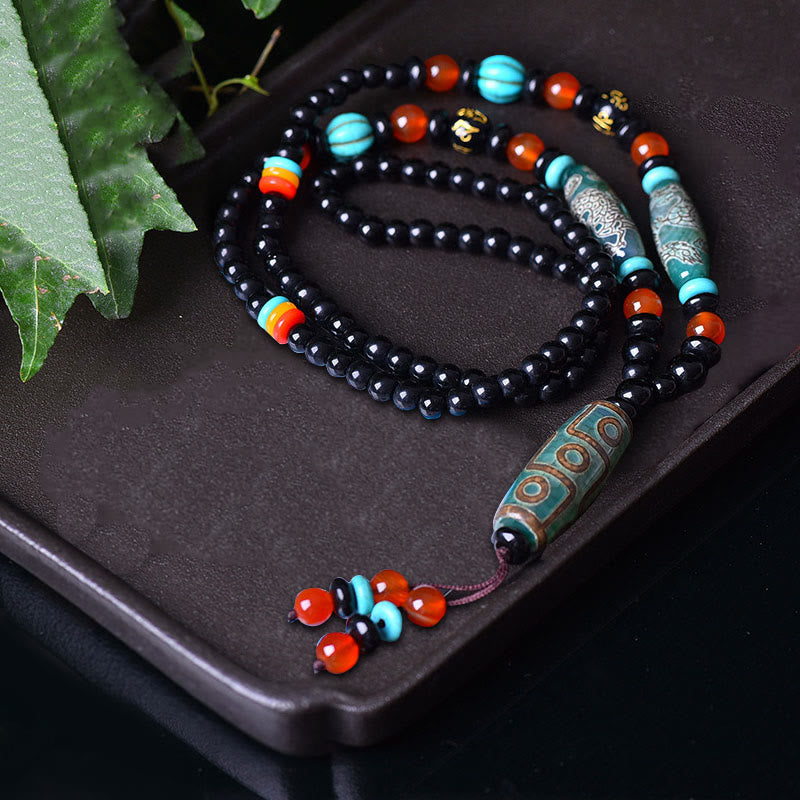 Collar con colgante de piedra de Buda tibetano con cuentas Dzi de nueve ojos y diseño de dragón, protección Om Mani Padme Hum