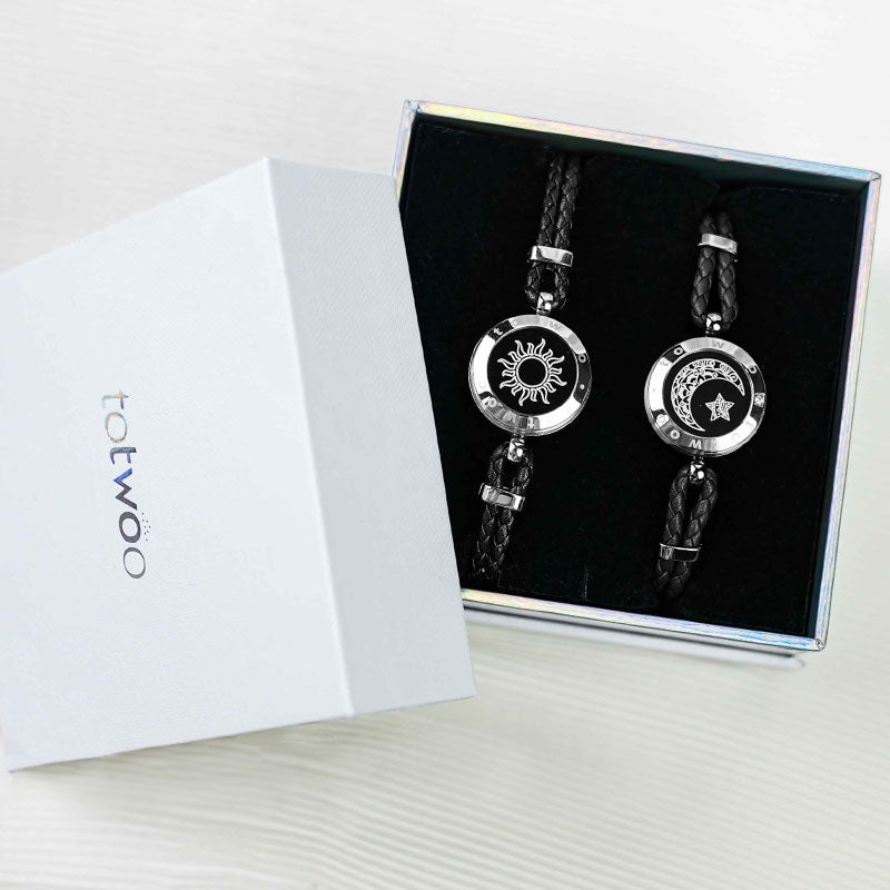 Sun&Moon Touch Bracelets with Braided Leather Rope(Black+Black) - Touch Bling