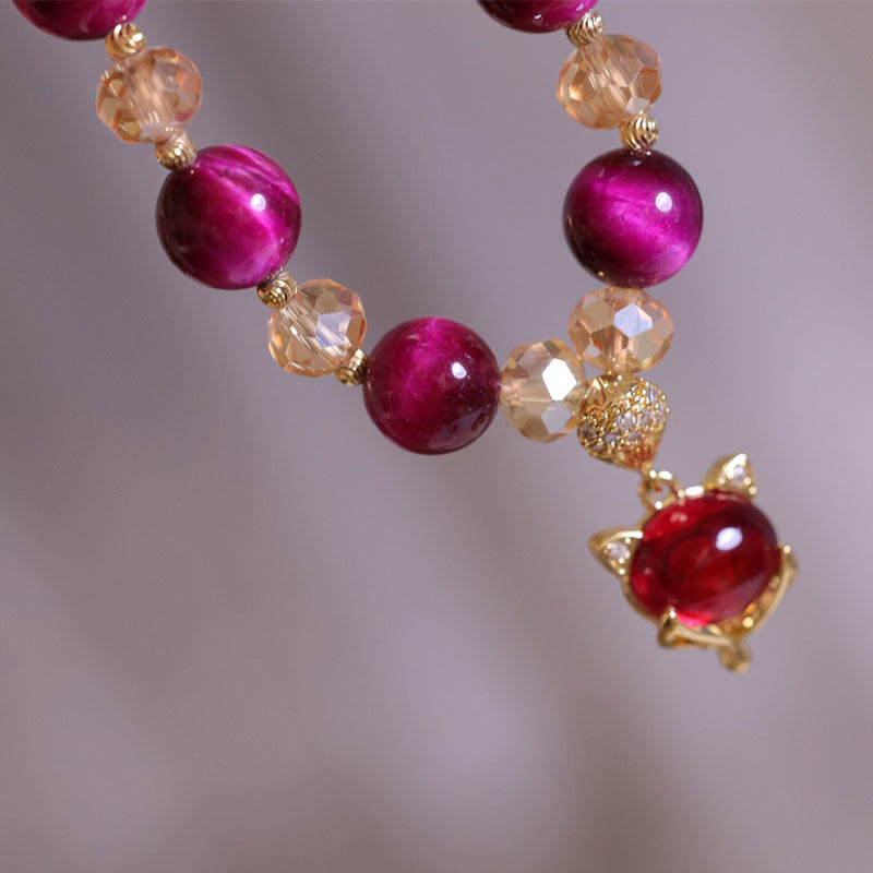 Pulsera de Buda con piedras de ojo de tigre rojo y zorro Pixiu para la protección y la confianza