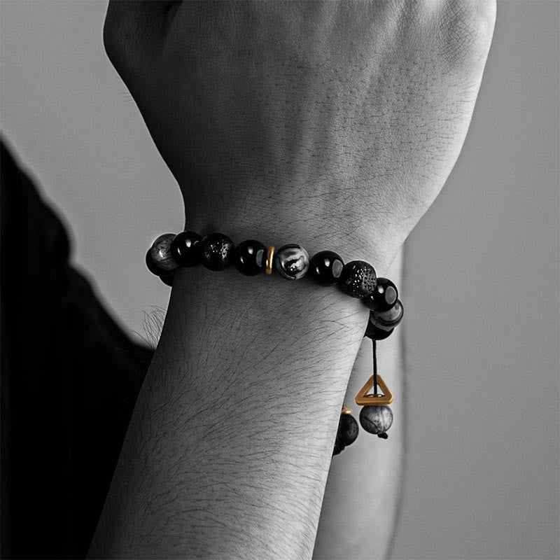 Pulsera de piedra de lava de obsidiana negra con piedras de Buda y fuerza Yin Yang