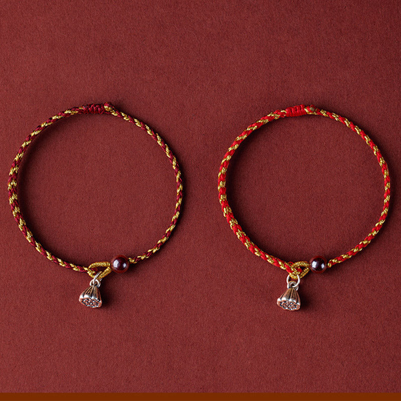Pulsera trenzada con dije de paz y alegría de loto, hecha a mano con piedras de Buda y cuerda de oro rojo